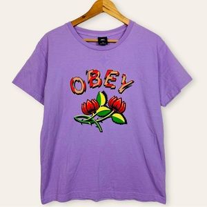 Obey Briar Logo Rose Print Groovy Lilac Lavender Crewneck Short Sleeve T-shirt M